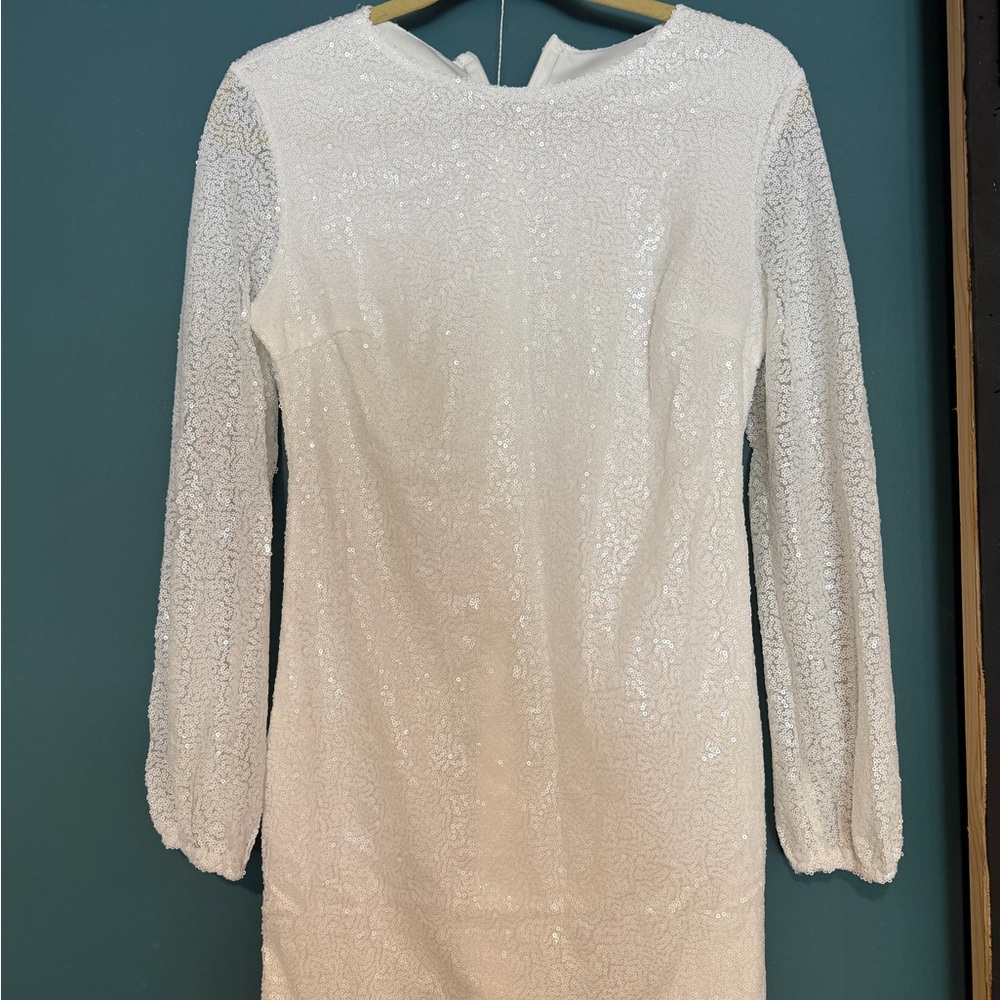 Hello Molly White Sequin Long Sleeve Mini Dress